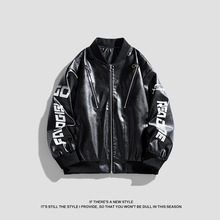 跨境新款机车服皮夹克美式皮衣男外套纯色印花赛车服夹克男港风潮