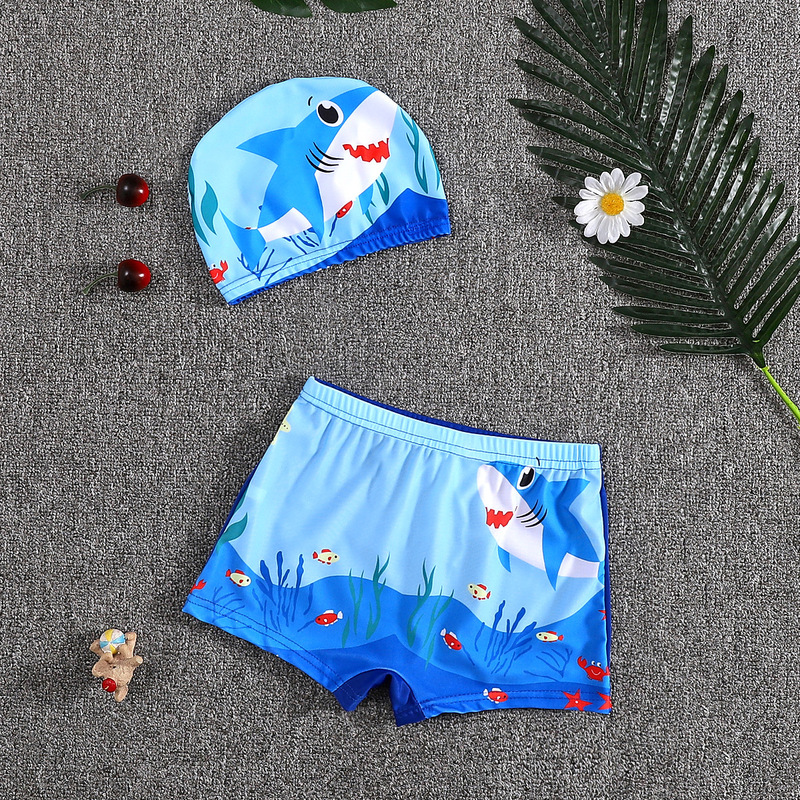 Children's Swimming Trunks, Boys' Swimsuits, Cartoon Square-Angle Quick-Drying Swim Caps for Small Children, Baby Swim Cap Set, Small and Medium-Sized Boys' Hot Spring Swimwear