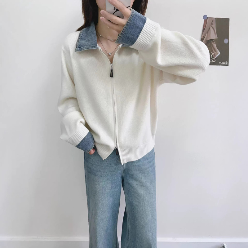 2026 Autumn New Korean Style Loose Casual Turn-down Collar Patchwork Denim Long Sleeve Knit Cardigan for Women, Elegant and Slimming 2026 Autumn New Korean Style Loose Casual Turn-down Collar Patchwork Denim Long Sleeve Knit Cardigan for Women, Elegant and Slimming