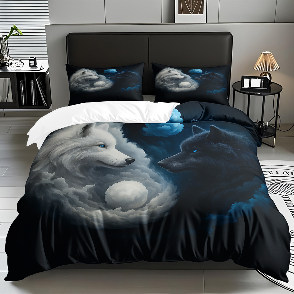 TEMU / JIT adaptado al patrón de lobo impresión digital set edredón molido textil transpirable para dibujar puede hacer