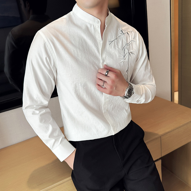 Chinese Style New Arrival Men's Long-Sleeved Shirt High-Style Vertical Collar National Style Embroidered New Chinese Style Cotton Linen Long-Sleeved Shirt