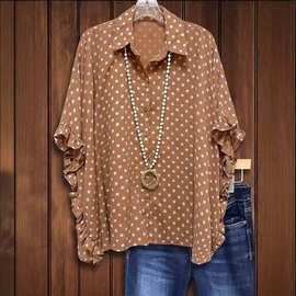 亚马逊wish新品 欧美外贸大码波点女短袖宽松圆点棉感上衣衬衣
