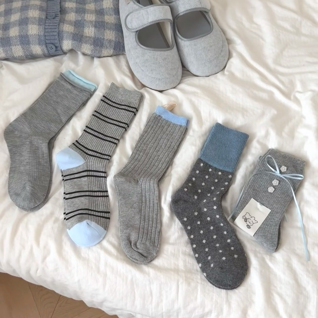 good han! it‘s hard to refuse gray blue socks sweet ribbon bow button ins autumn and winter loose socks