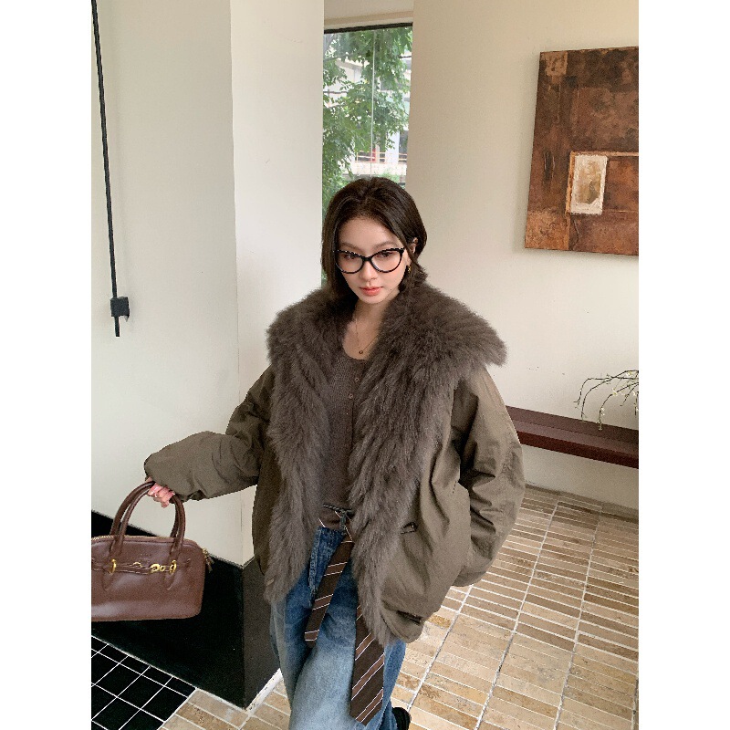 Lucy Fur Barn Style White Goose down Parka down Jacket Women's Winter Loose Fox Fur Genuine Fur Jacket