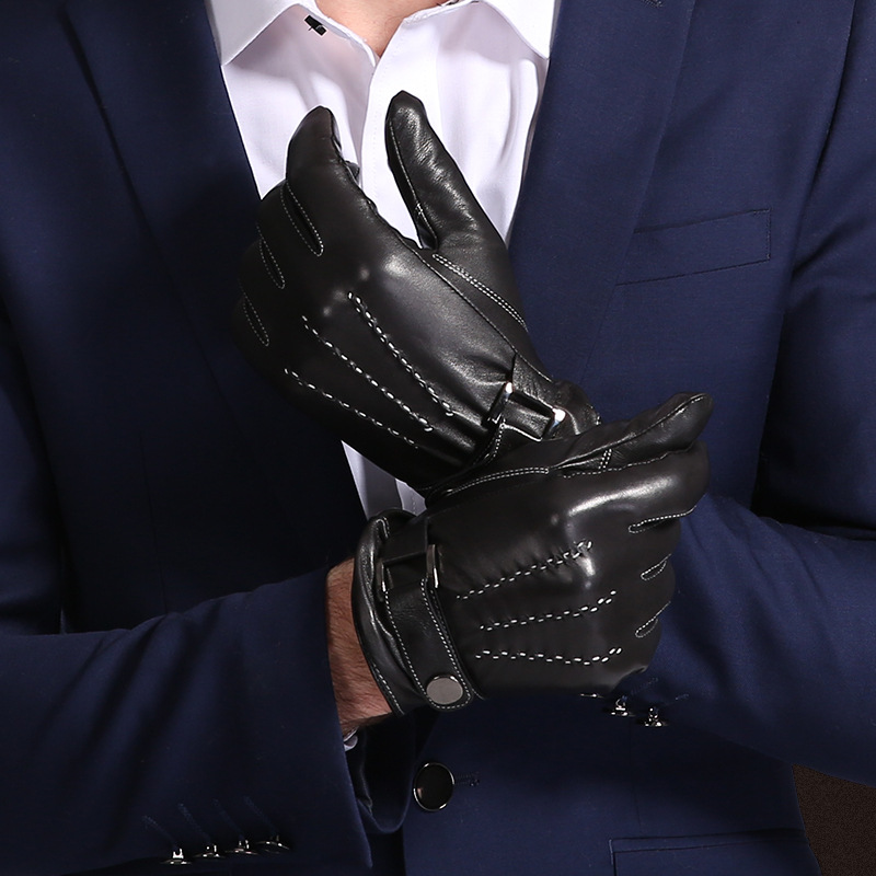 头层羊皮保暖手套黑色现货毛线里子分指单色手套跨境专供成人手套