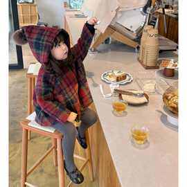 女童外套冬季2025新款女宝宝红色新年服精灵帽加厚格子儿童上衣冬