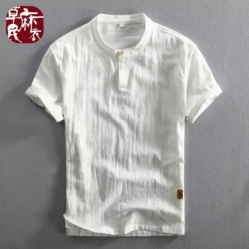 New Summer Men's Linen Short-Sleeve Shirt, Stand Collar, Cotton Linen Shirt, Breathable, Casual, Loose Fit, Half-Sleeve