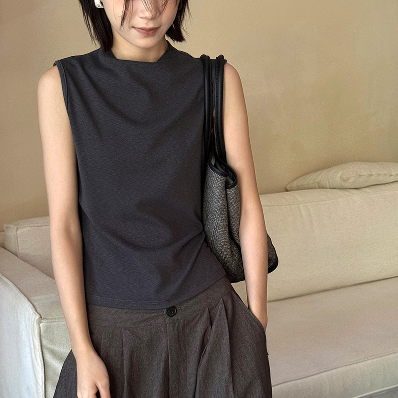 Lino early autumn new Korean-style half-high collar sleeveless T-shirt for women 2026, stylish letter print tank top ins