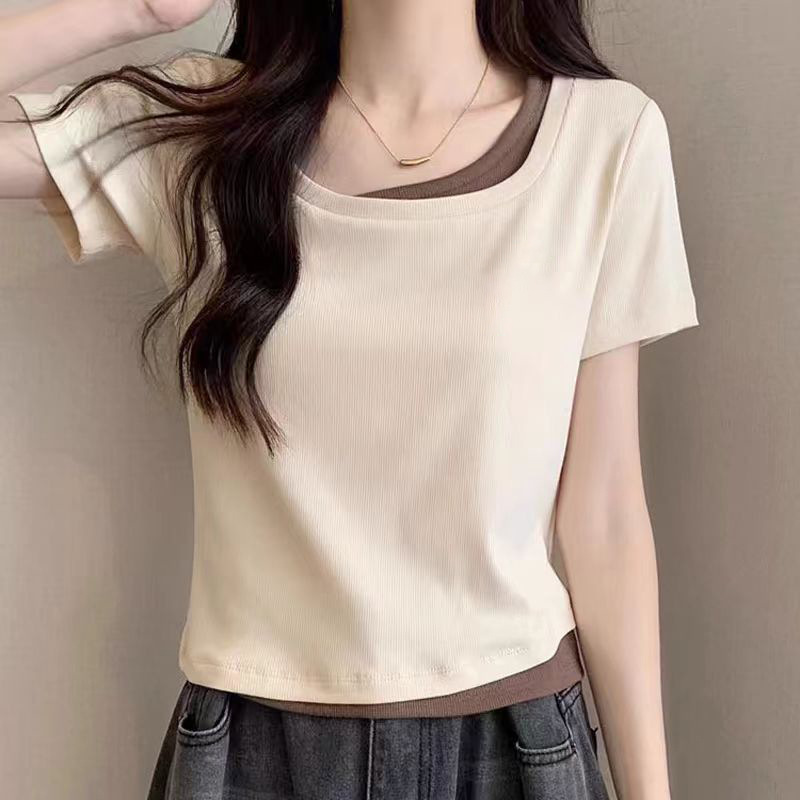 100% Cotton Splicing Fake Two-Piece Right Shoulder Short-Sleeved T-Shirt for Women Summer 2024 New Loose Slimming Look Belly-Covering Top 100% Cotton Splicing Fake Two-Piece Right Shoulder Short-Sleeved T-Shirt for Women Summer 2024 New Loose Slimming Look Belly-Covering Top