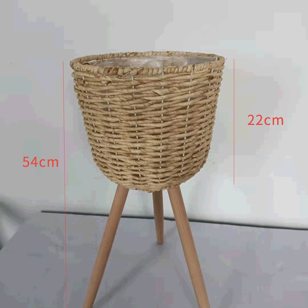 Piso de La Flor soporte de madera pierna piso flor soporte tejida flor olla sala de estar balcón decoración flor cesta paja tejido piso soporte