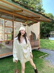 2025新款秋简约蕾丝拼接长袖衬衫+百搭编织镂空半裙女时尚两件套