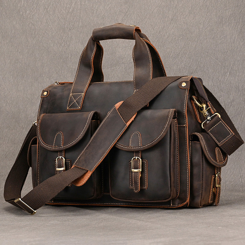 European and American retro-style handbag, men’s genuine leather briefcase, crazy horse leather commuter bag, laptop bag, shoulder bag, crossbody bag, men’s leather bag