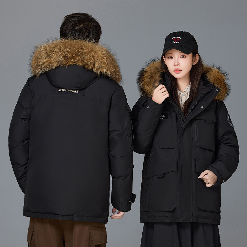 Invierno transfronterizo nueva chaqueta de plumón hombre y mujer largo al aire libre frío extremo engrosado pareja superando la chaqueta de trabajo