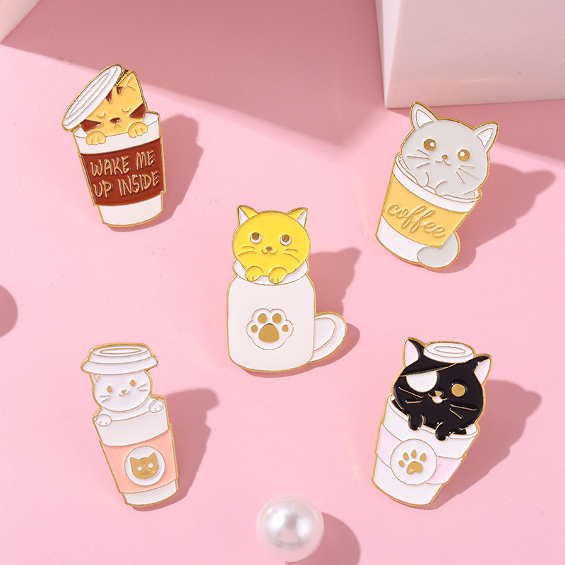 European And American New Cat Coffee Cup Animal Series Brooch Ladies Creative Cartoon Coffee Cat Shape Brooch display picture 6