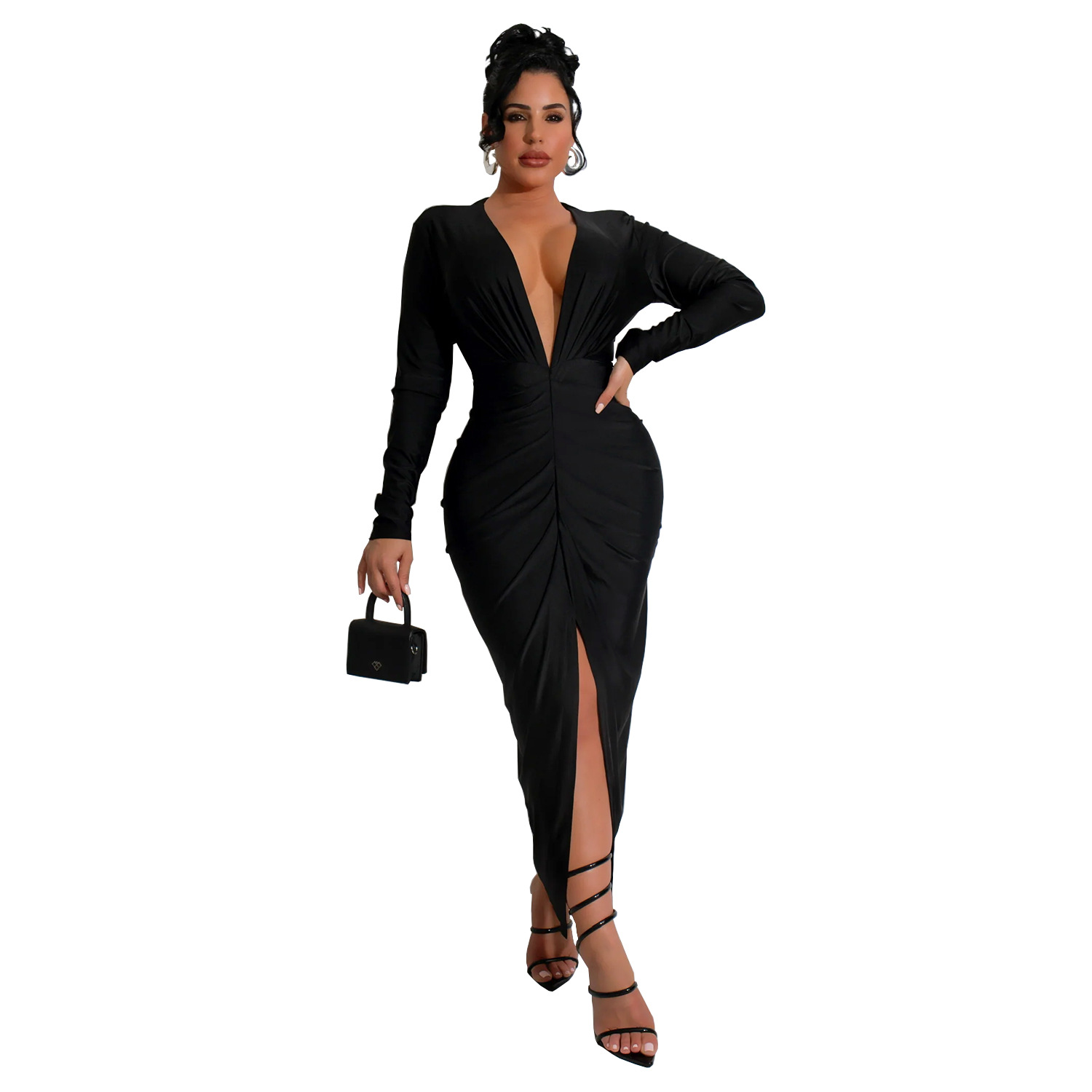 C7118 Aliexpress transfronterizo amazon moda europea y americana de mujer delgada V-collar bifurcado vestido de color sólido nuevo