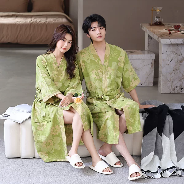 Pure Cotton Double-Layer Gauze Bathrobe, Spring and Summer Thin Style, Couple's Pajamas, Home Wear, Water-Absorbent and Quick-Drying, Class a Bathrobe