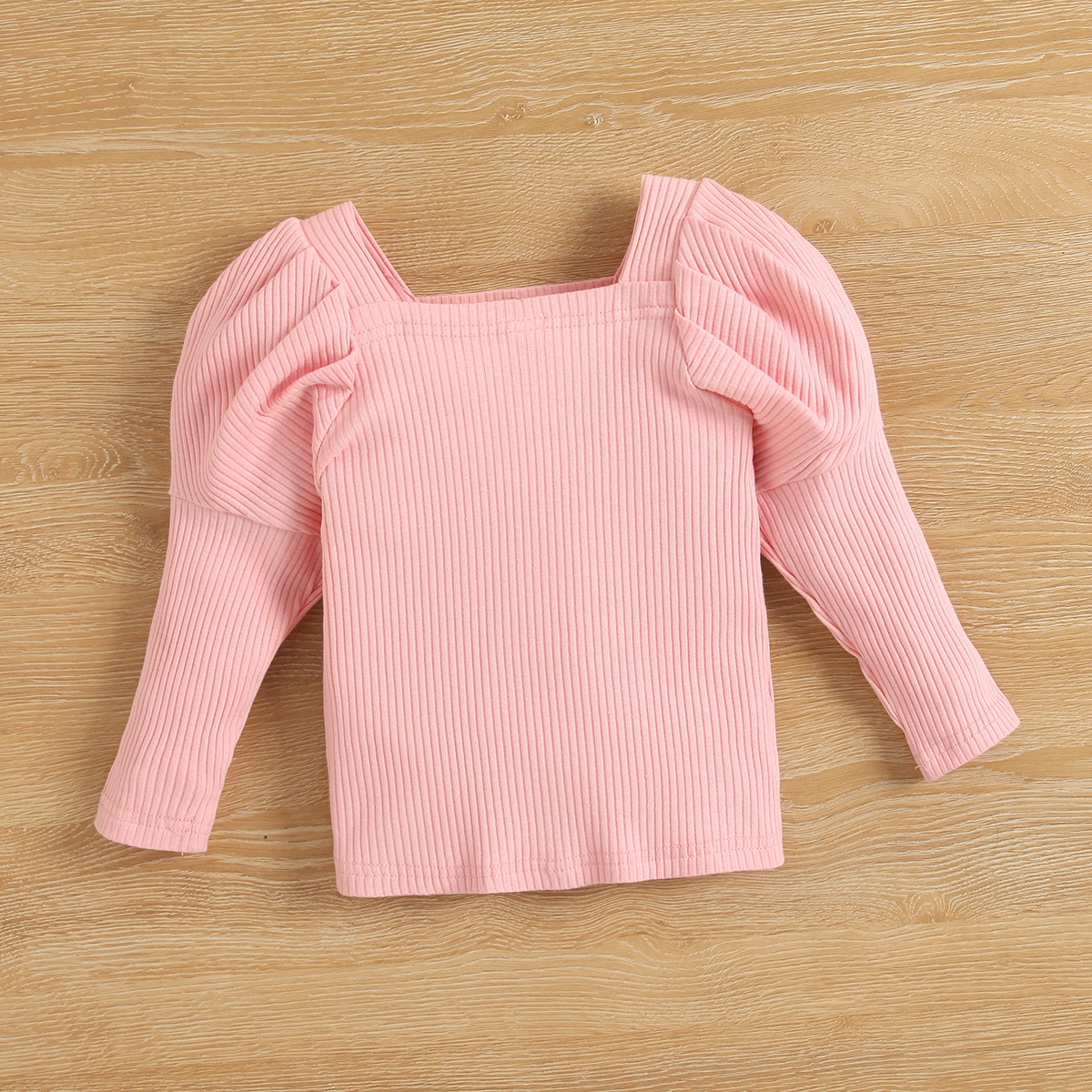 Kinderkleidung, Mädchen langer quadratischer Kragen, Puffärmel, Strickpullover mit Grubenstreifen, Rüschenrand, plissiertes Blumenmuster_voghion.com