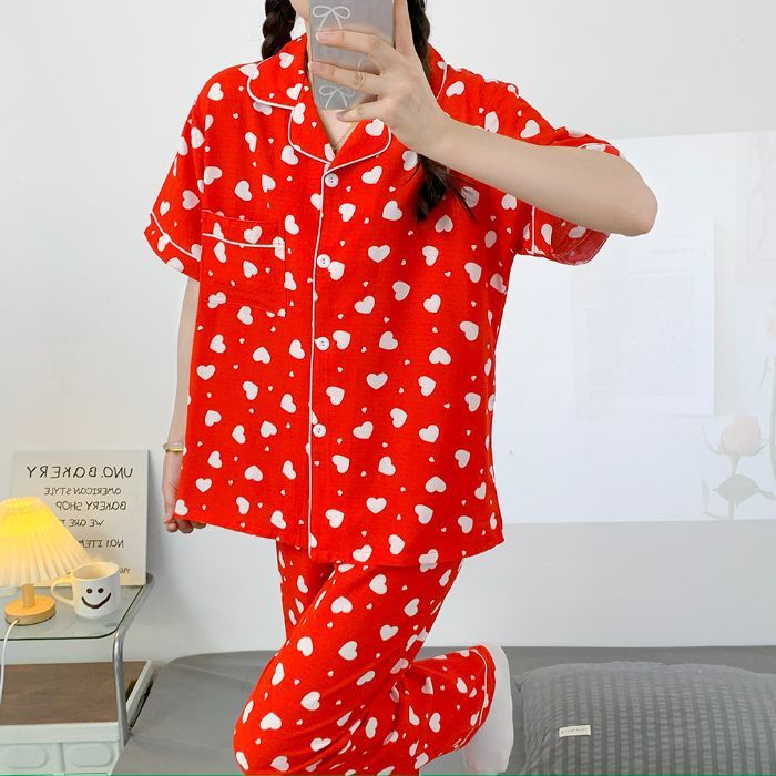 Pantalones de manga corta al por mayor transfronterizos, rebeca, pijamas, traje de dos piezas con estampado de solapa arrugada de burbujas de verano para mujer, ropa para el hogar