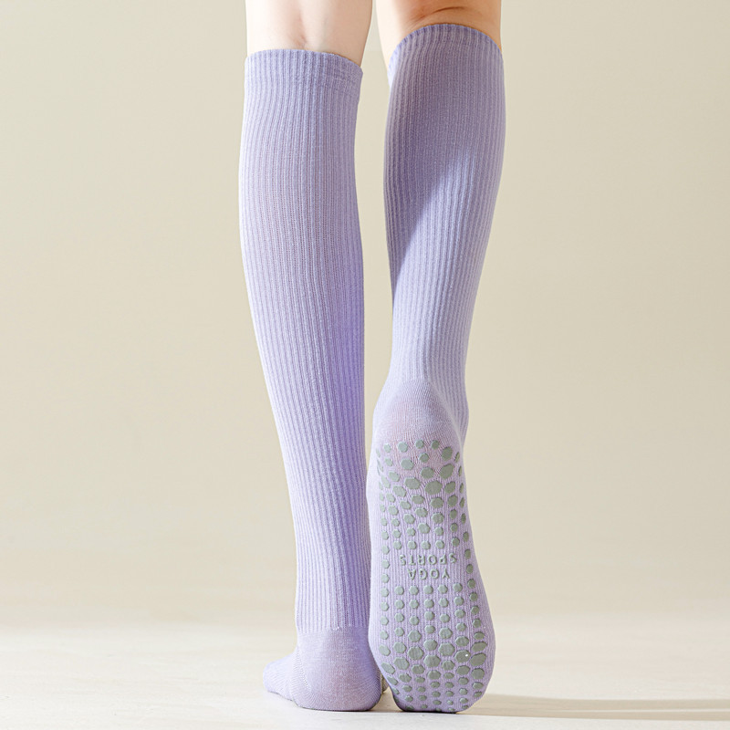 Solid Color Pressure Long Yoga Socks, Professional Non-Slip Pilates Striped Calf Socks for Women, Spring and Autumn Fitness Dance Socks