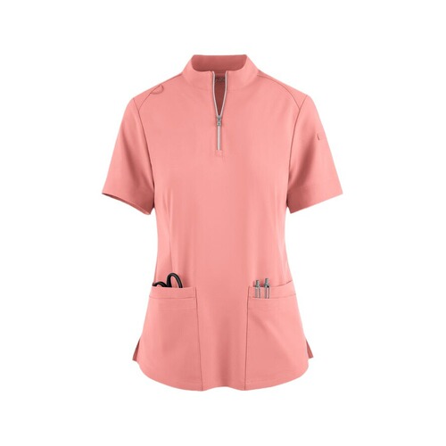 Women's Summer Short Sleeve Surgical Scrub Top with Stand Collar Zipper Casual Uniform for Beauty Salon Hospital Nurse Internal Workwear