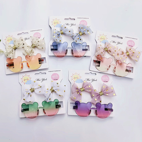 New children's glasses hair clip set three-dimensional bow clip children's hair accessories colorful transparent sweet Mickey sunglasses