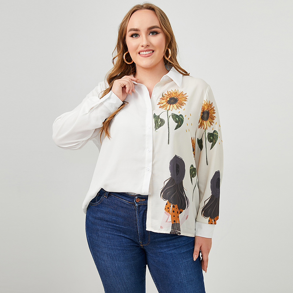 Plus Size High-Neck Single-Breasted Pattern Printed Shirt NSWCJ112246