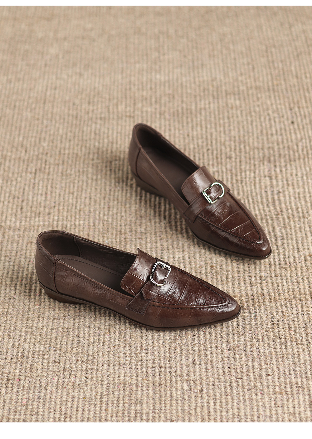 Giày loafer nữ phong cách Anh quốc, mũi sâu, gót thấp vuông, da bò — màu nâu chi tiết 23