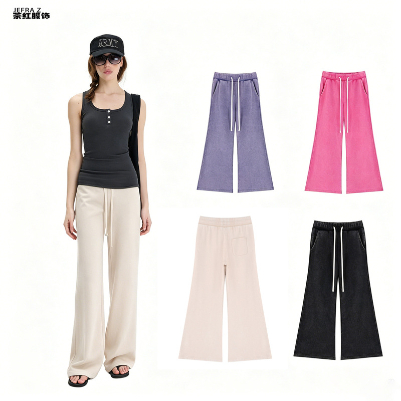 Straight High-Waisted Floor-Length Yoga Flared Pants with Drawstring, Pure Cotton American-Style Elastic Waist Slimming Sports Sweatpants