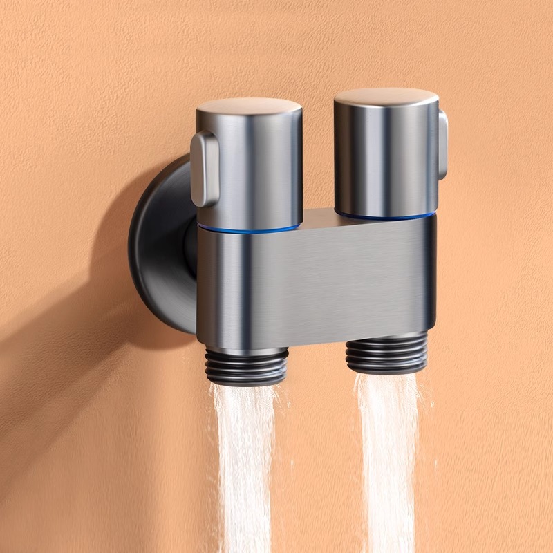 Cobre de doble control de uno en dos-Válvula de ángulo de salida de acero inoxidable de tres vías de doble cabeza hogar mini lavadora multi-función grifo