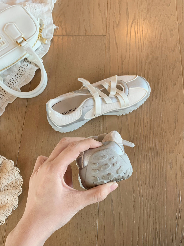 牛皮~葡萄ma同款增高5cm芭蕾风交叉带拼接百搭厚底德训鞋女休闲鞋|undefined