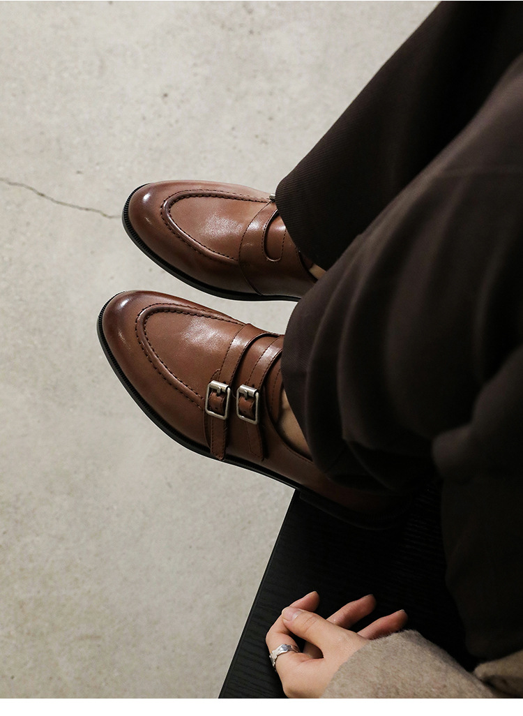Giày da bò nữ mũi tròn bít kiểu loafer cổ điển màu nâu — màu nâu chi tiết 8
