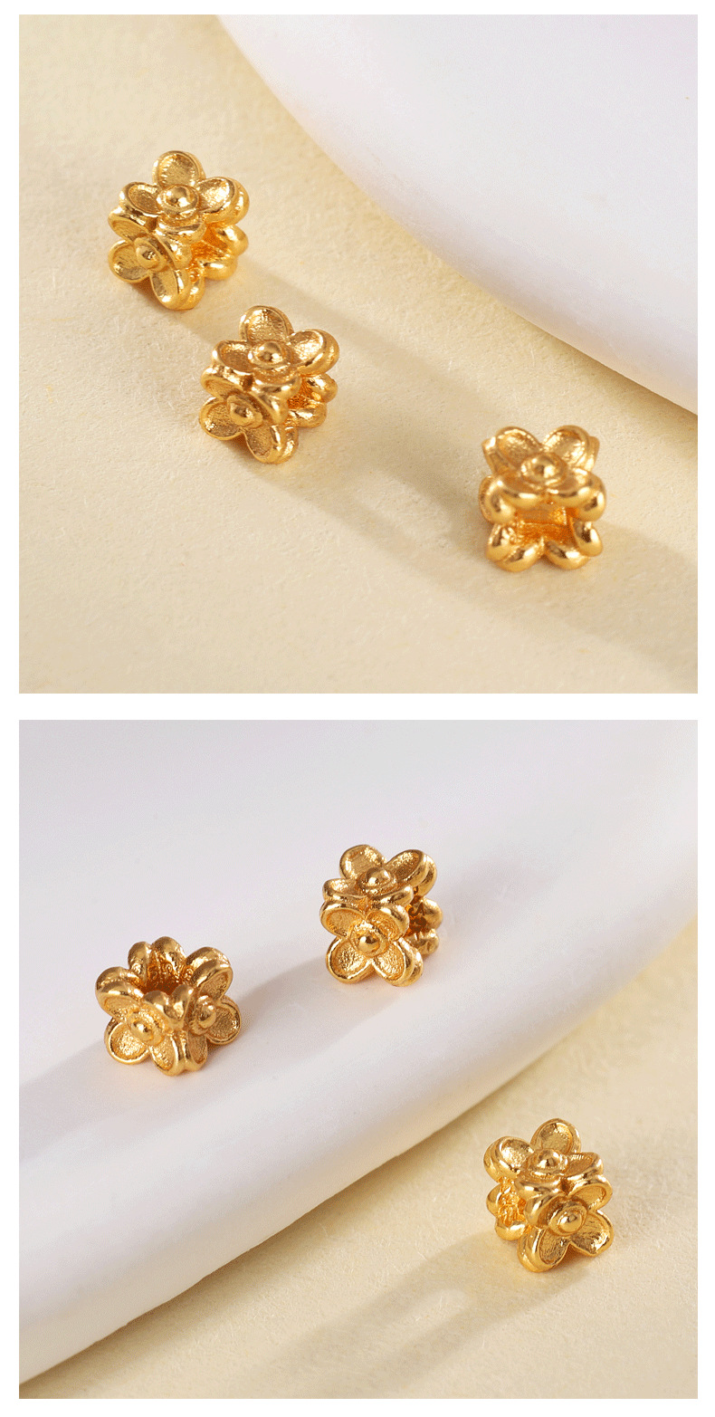 S925 Silver Gold-Plated Engraved Four-Sided Small Flower Spacer Beads DIY Handmade Beaded Rope Bracelet Silver Accessories