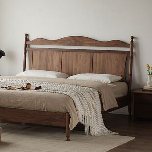 French Retro Black Walnut Double Bed Nordic All Solid Wood Wedding Bed Retro Master Bedroom Modern Simple 1.5 m Bed