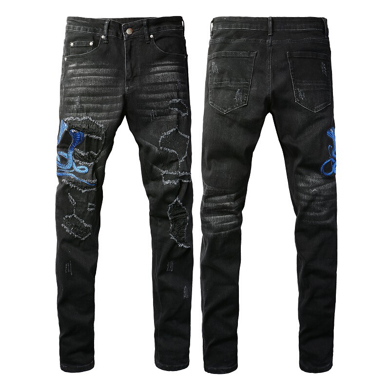 Street Style Cross-Border European and American Men's Jeans with Embroidered Snake Design, Slim-Fit Men's Pants with Snake Pattern Street Style Cross-Border European and American Men's Jeans with Embroidered Snake Design, Slim-Fit Men's Pants with Snake Pattern
