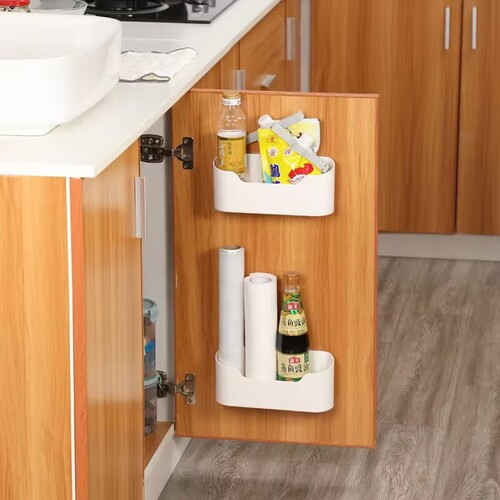 Wall-mounted storage box for the inside of kitchen cabinet doors—no-drill design; cling-film holder for kitchen cabinets; shelf for bathroom and toilet.