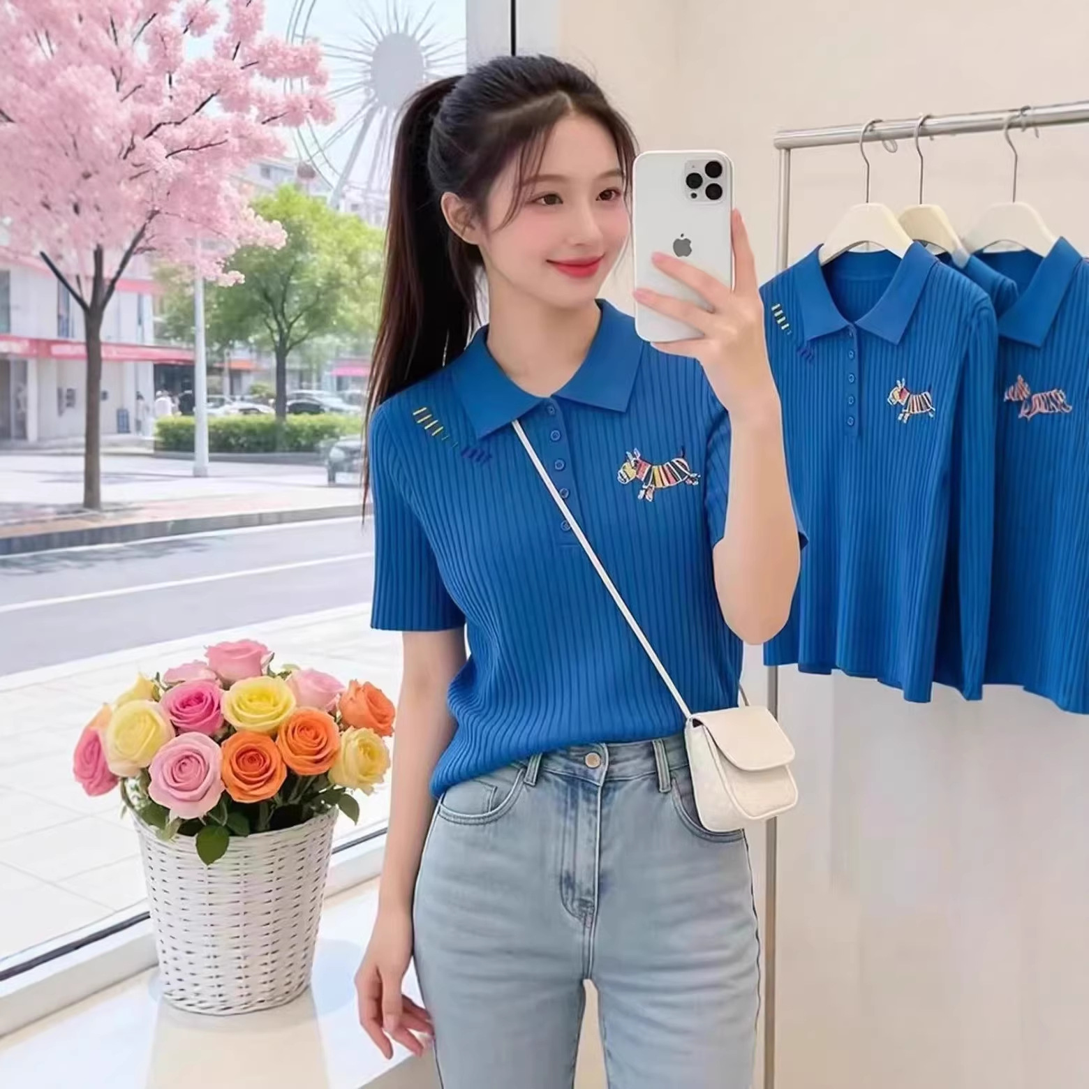 Áo thun polo nữ tay ngắn cổ bẻ họa tiết ngựa nhỏ cầu vồng — xanh lam chi tiết 3