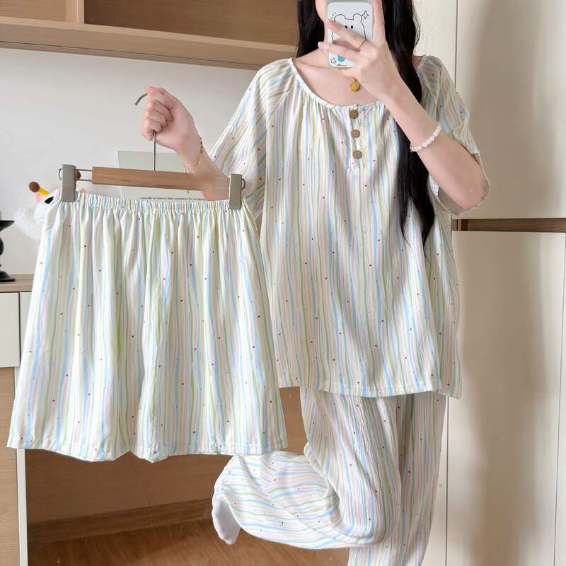Tiktok Live-Stream Hot-Selling Summer Pajamas for Women: Short-Sleeve, Shorts, Long Pants, Cloud Cotton, Round Neck, Buttoned Loungewear Set