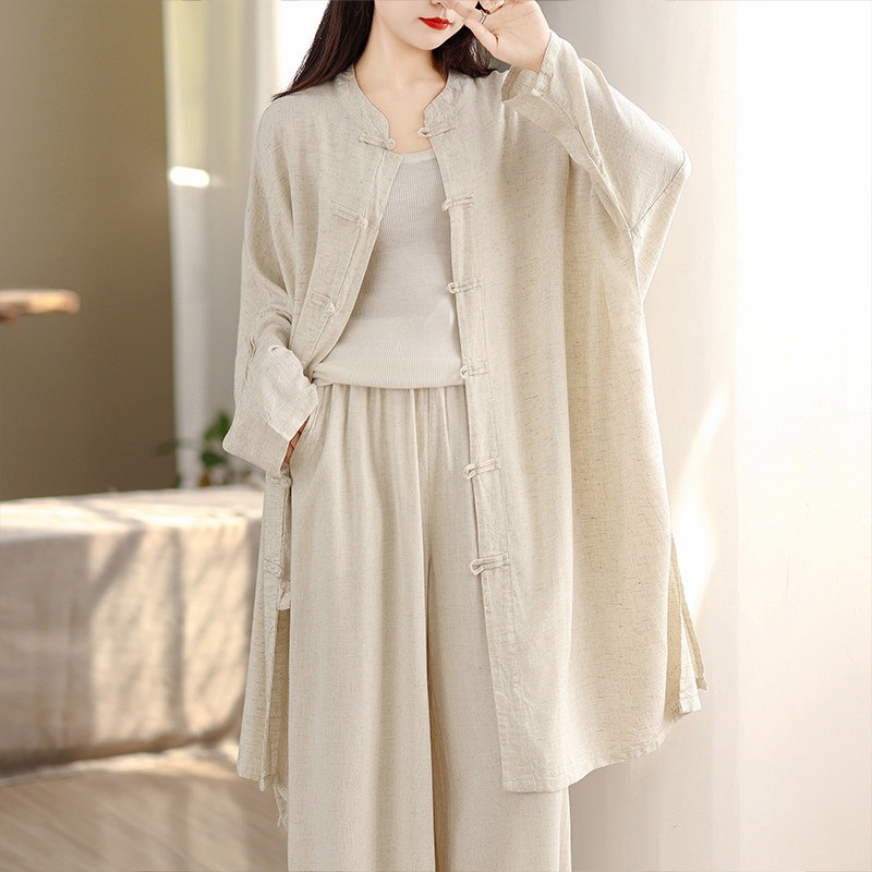 New Chinese-Style Zen-Inspired Linen Long-Sleeve Shirt for Women, Early Autumn Style, National Style with Front Placket and Button Closure, Mid-Length Cotton-Linen Jacket Top