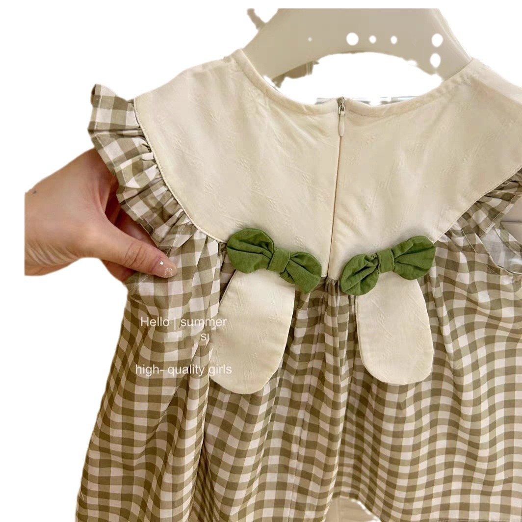 Xianning siete niñas 25 verano nuevo estilo conejo verde falda a cuadros vestido de estilo occidental para bebés falda de princesa coreana marea