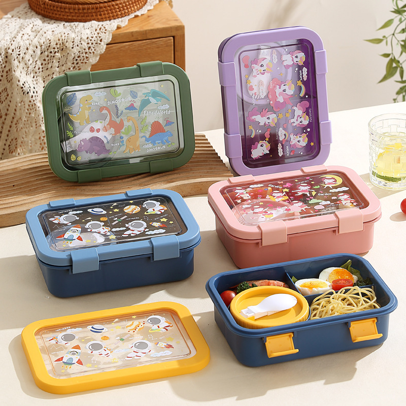Student cartoon compartment plastic lunch box with soup bowl for office workers microwave heating lunch box with tableware