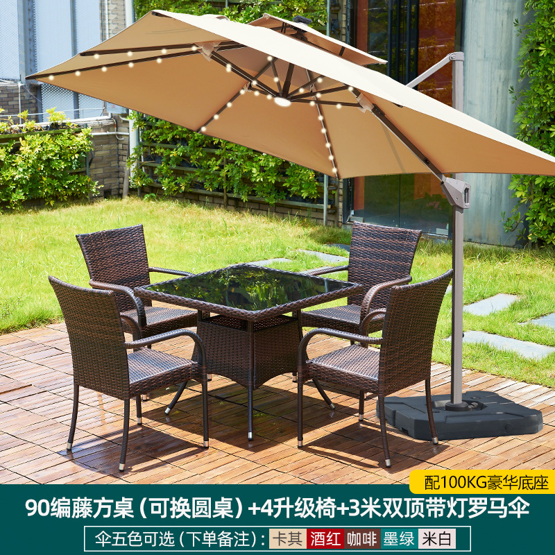 [태양광] 90개의 등나무 사각 테이블 + 업그레이드된 의자 4개 + 조명이 있는 이중 지붕 로마 우산 3m개