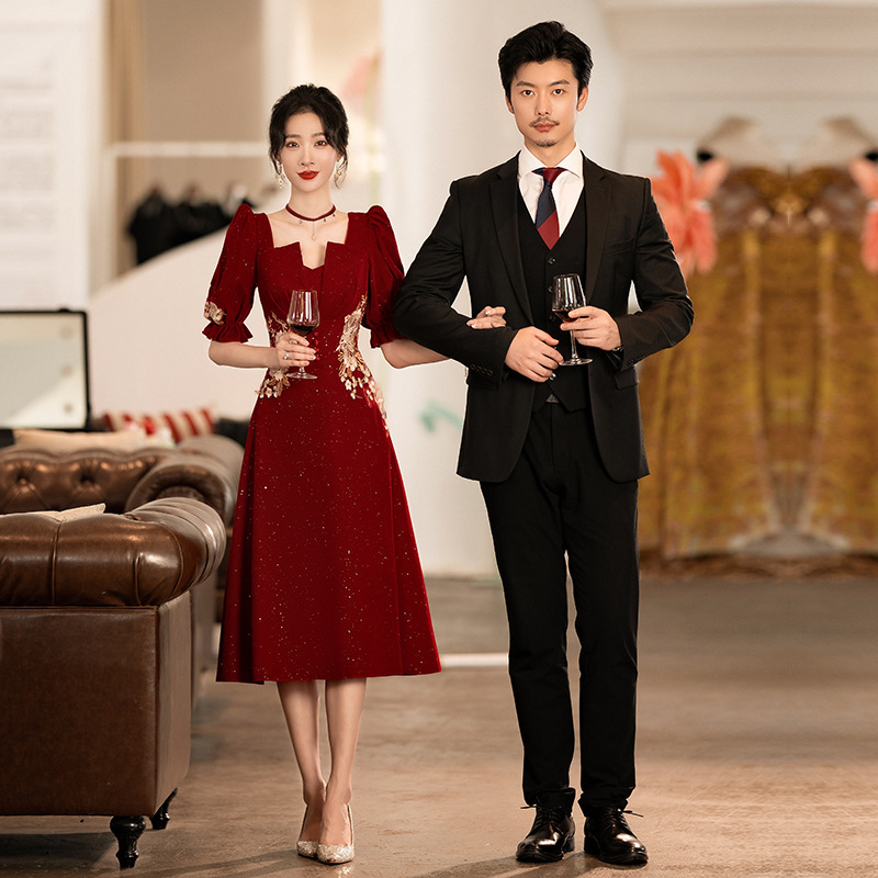 Bride's Toast Dress 2026 New Summer Style Petite Pregnant Women Wedding Engagement Burgundy Dress Evening Gown
