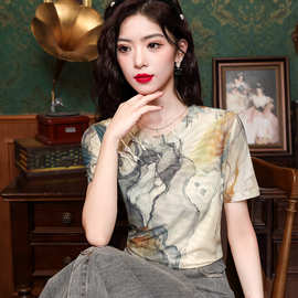 实拍短袖女网纱T恤女修身显瘦纱t时尚复古中国风盘扣上衣配半身裙