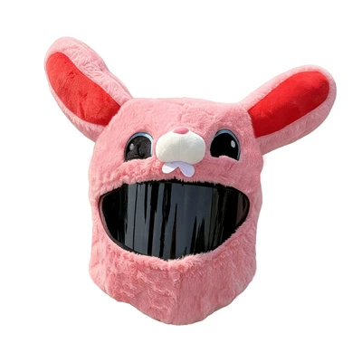 Cross-border full-face helmet plush cover, outdoor cycling and motorcycle riding, funny mask, cartoon plush helmet cover (Motosiklet dəbilqələri) - rabbit-pink-helmet-not-included