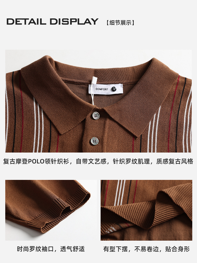 Europa y Estados Unidos trajes de hombre de hielo rayas con cuello polo camisa de hombre ligera de negocios casual de manga corta camisa de punto Paul hombre