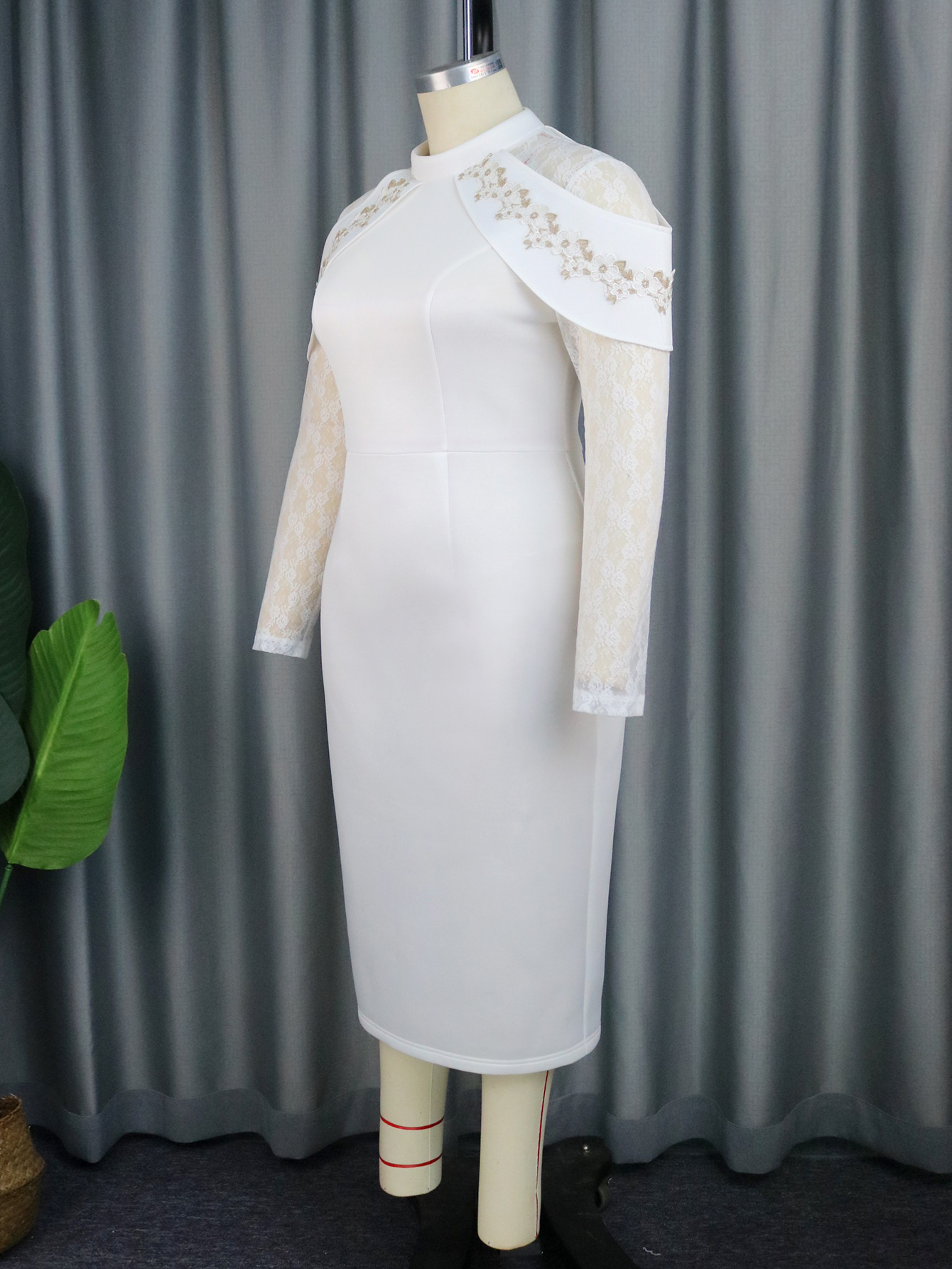 Abito in pizzo floreale da donna, temperamento elegante, piccolo colletto alto, gonna lunga fino alla vita, vestito_voghion.com