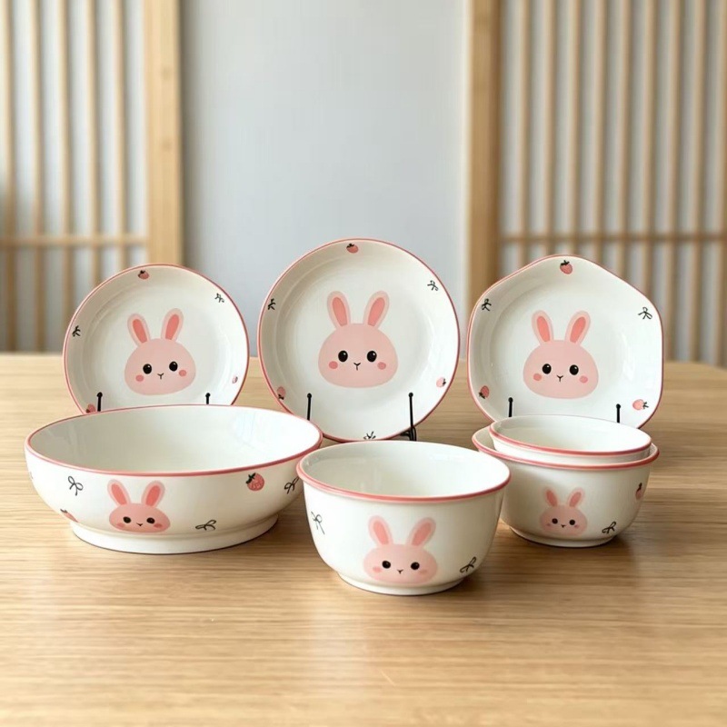 可爱兔家用陶瓷餐具菜盘创意卡通糖果碗盘套装面碗汤碗米饭碗果盘