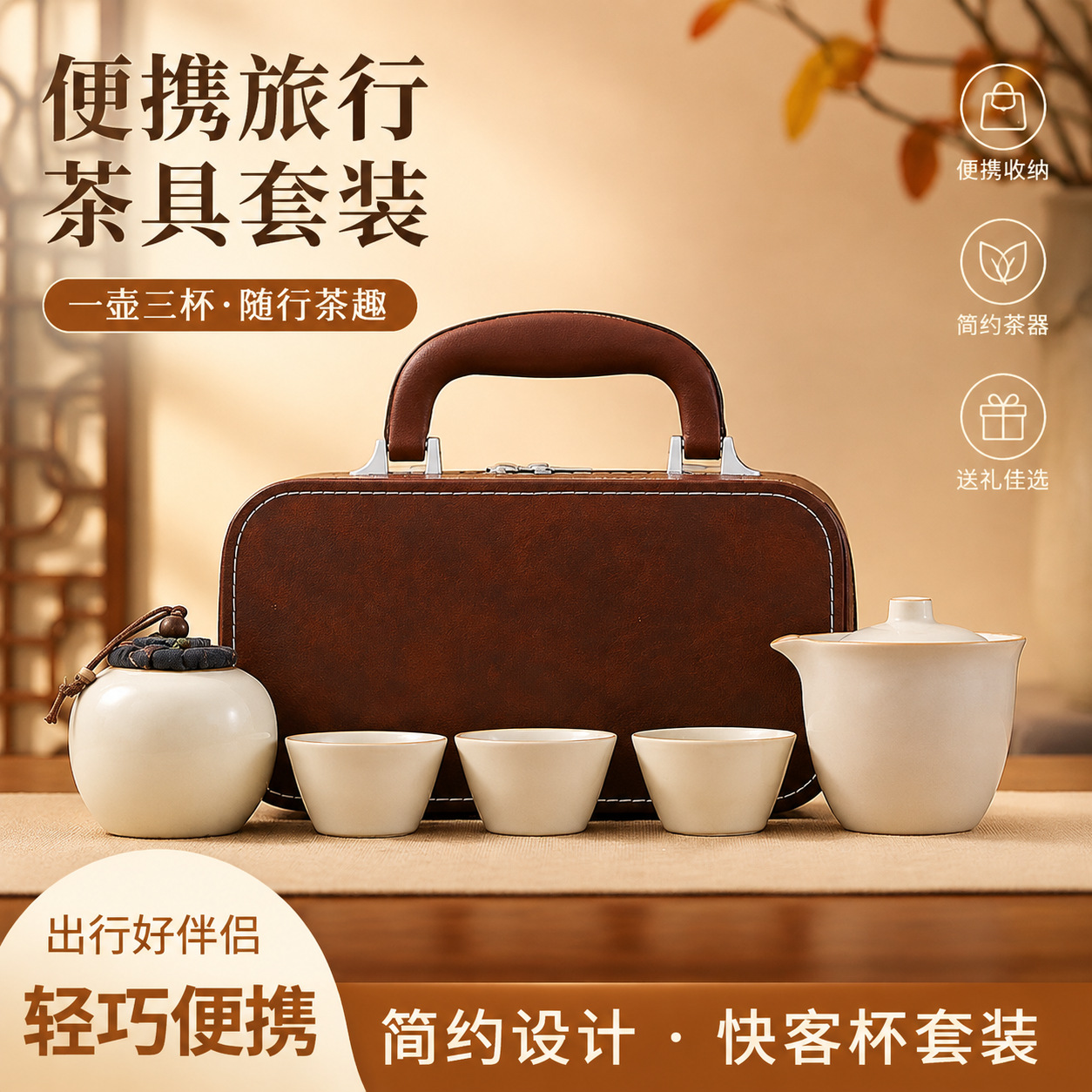 High-end Ru kiln travel tea set for outdoor and office use, portable tea brewing kit with one pot, three cups, and tea canister