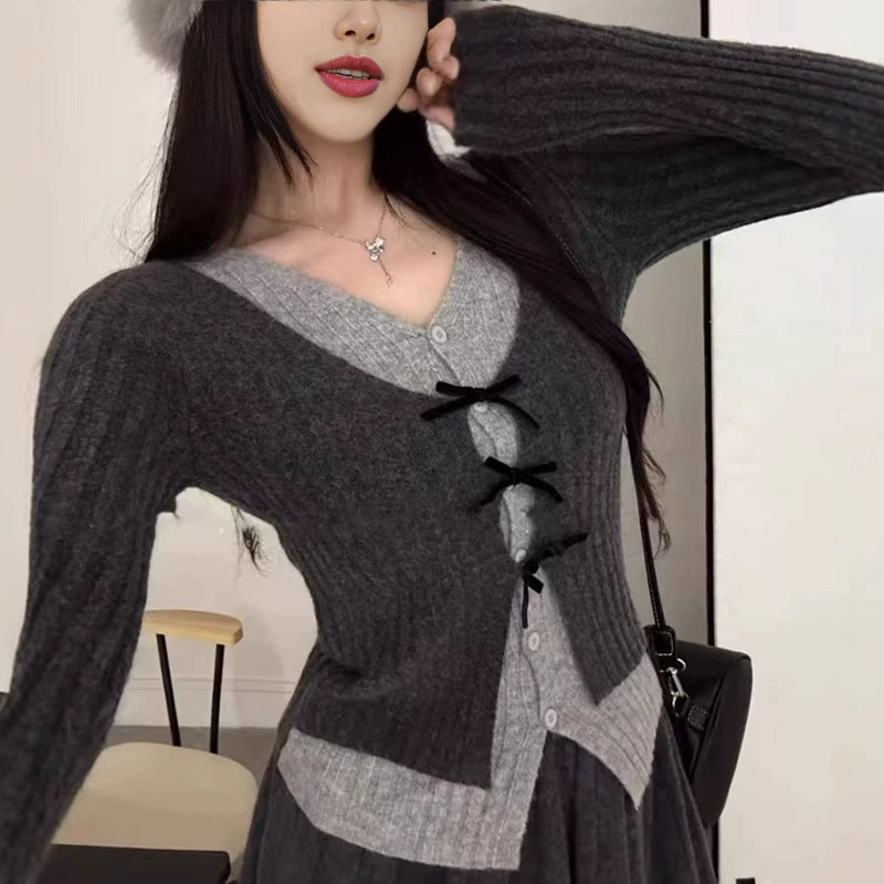 Женский кардиган KANING, имитация двухслойного трикотажа, осень 2025, новый дизайн, бантик, V-образный вырез, молодежный топ