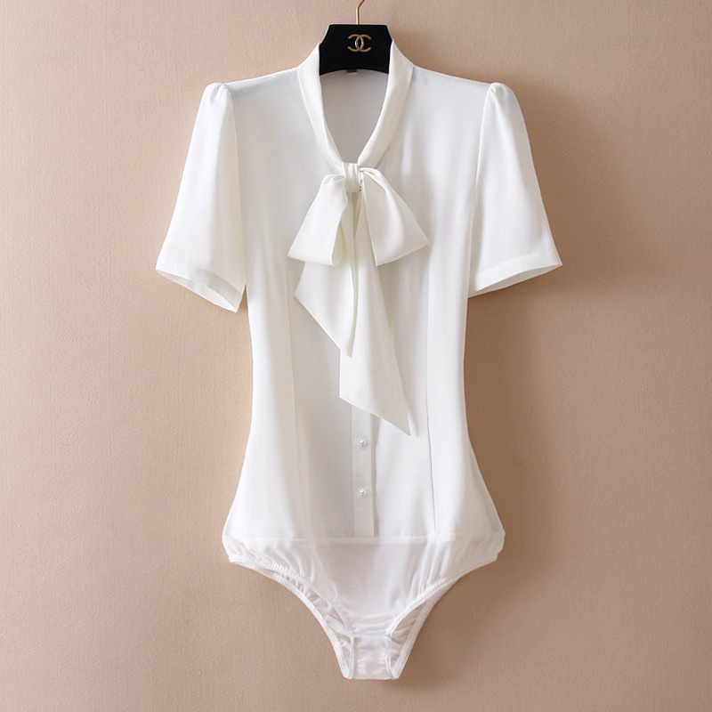 Elegant ribbon bow simple elegant stretch chiffon niche design sense one-piece shirt women's short sleeve White